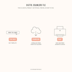 K&ouml;nnte beinhalten: Grafik f&uuml;r digitale Download-Dateien mit Anweisungen zum Kauf, Herunterladen und Drucken eines digitalen Produkts. Die Grafik zeigt eine Wolke mit einem nach unten zeigenden Pfeil, einen Drucker und Text mit der Aufschrift "In den Warenkorb legen", "Kaufen", "Herunterladen" und "Drucken".