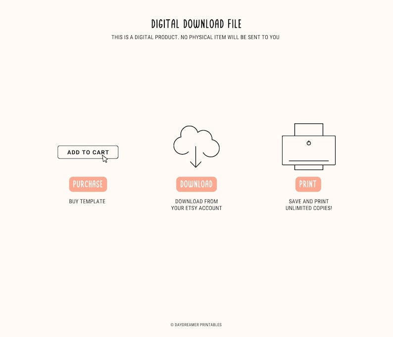 K&ouml;nnte beinhalten: Grafik f&uuml;r digitale Download-Dateien mit Anweisungen zum Kauf, Herunterladen und Drucken eines digitalen Produkts. Die Grafik zeigt eine Wolke mit einem nach unten zeigenden Pfeil, einen Drucker und Text mit der Aufschrift "In den Warenkorb legen", "Kaufen", "Herunterladen" und "Drucken".