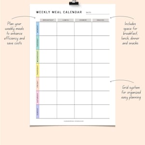 Weekly Meal Planner PDF, Printable Grid Meal Calendar for Breakfast ...