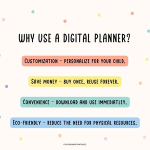 Op de afbeelding: Een witte achtergrond met kleurrijke stippen en een lijst met redenen om een digitale planner te gebruiken. De tekst luidt: "WHY USE A DIGITAL PLANNER?"  "CUSTOMIZATION - PERSONALIZE FOR YOUR CHILD." "SAVE MONEY - BUY ONCE, REUSE FOREVER." "CONVENIENCE - DOWNLOAD AND USE IMMEDIATLEY." "ECO-FRIENDLY - REDUCE THE NEED FOR PHYSICAL RESOURCES."