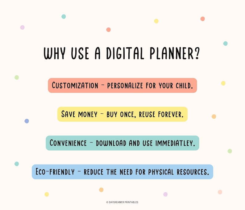 Op de afbeelding: Een witte achtergrond met kleurrijke stippen en een lijst met redenen om een digitale planner te gebruiken. De tekst luidt: "WHY USE A DIGITAL PLANNER?"  "CUSTOMIZATION - PERSONALIZE FOR YOUR CHILD." "SAVE MONEY - BUY ONCE, REUSE FOREVER." "CONVENIENCE - DOWNLOAD AND USE IMMEDIATLEY." "ECO-FRIENDLY - REDUCE THE NEED FOR PHYSICAL RESOURCES."