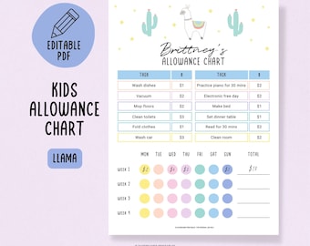 Editable Kids Allowance Chore Chart Tracker, Printable Allowance Tracker Chart For Kids, Money Management for Kids, Pocket Money Template