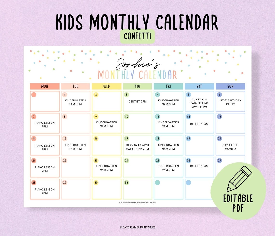 Editable Kids Calendar Printable Toddler Monthly Chart Kids - Etsy