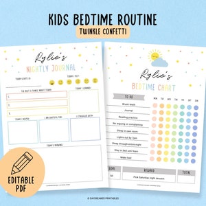 Afdrukbaar bedtijdroutine voor kinderen | Checklist klaar voor bed en dankbaarheidsdagboek | Beloningstabel voor slaaptracker voor kinderen en journaalprompts | Pdf