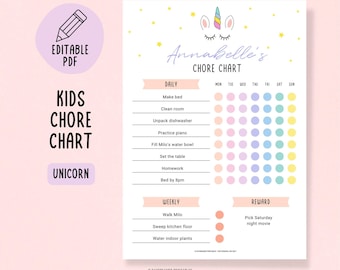 Unicorn Chore Chart for Kids | Editable Weekly Responsibility Tracker | Reward Chart Printable PDF | Kids Routine and Behavior Checklist
