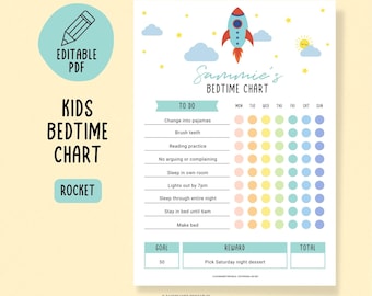 Grafiek voor bedtijd voor kinderen bewerkbaar, beloningsgrafiek voor verblijf in bed afdrukbaar, grafiek voor bedtijd voor peuters, gepersonaliseerde kinderroutine en klusjes