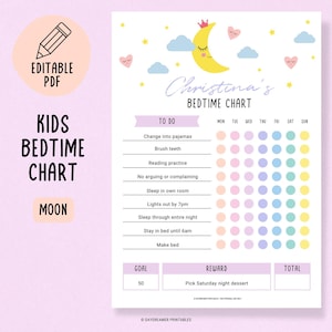 May include: A printable bedtime chart for kids featuring a yellow moon with a crown and eyelashes. The chart includes a list of bedtime tasks, a space for stickers, and a reward section. The chart is titled "Christina's Bedtime Chart".