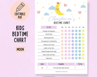 May include: A printable bedtime chart for kids featuring a yellow moon with a crown and eyelashes. The chart includes a list of bedtime tasks, a space for stickers, and a reward section. The chart is titled "Christina's Bedtime Chart".