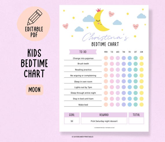 Kids Stay in Bed All Night Reward Chart, Toddler Sleeping Tracker Printable, Kids Nightly Routine, Toddler Bed Time Log - Editable PDF