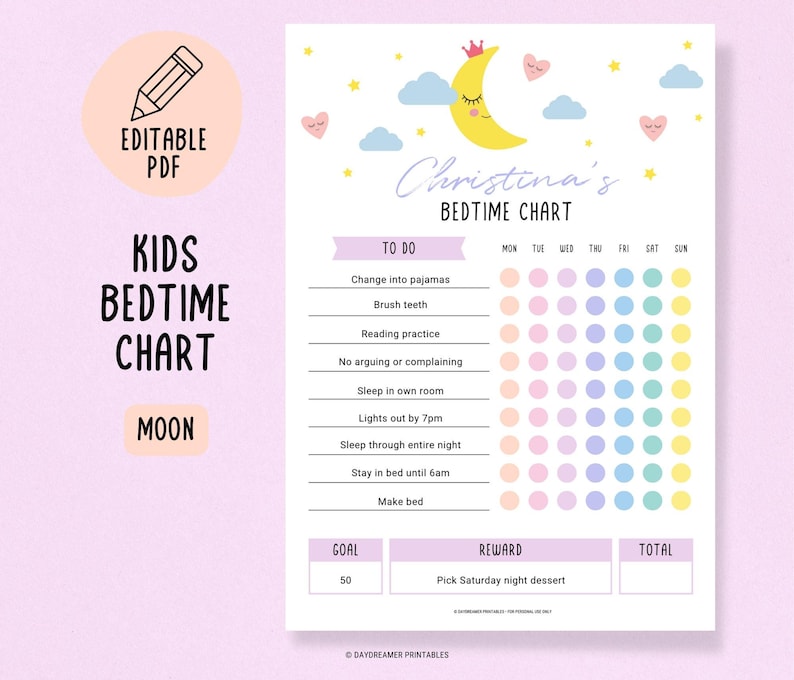 Kids Stay in Bed All Night Reward Chart
