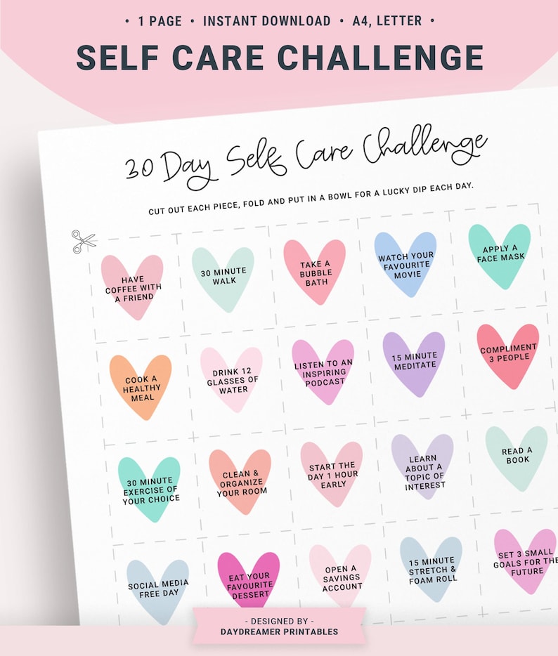 Self Care 30 Day Challenge Printable Planner, Self Care Calendar, Self
