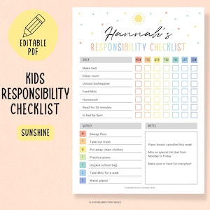 Editable Responsibility Chore Chart for Kids, Rainbow Responsibility Chart Weekly Printable, Kids Cleaning To Do List, Family Chore Chart