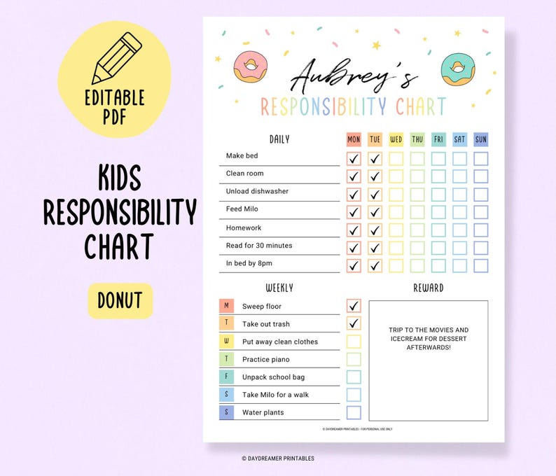Responsibility Chart for Kids With Reward Kids Daily Routine Checklist ...