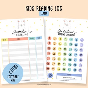 Afdrukbaar leeslogboek voor kinderen, leeslogboek voor kinderen, leestabel, leesdagboek voor kinderen, leeslijst regenboog en lama pdf - digitale download