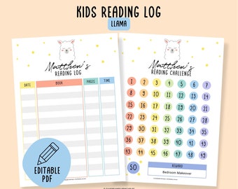 Può includere: Un registro di lettura e una sfida di lettura stampabili per bambini con una simpatica illustrazione di lama. Il registro include sezioni per la data, il titolo del libro, le pagine lette e il tempo dedicato alla lettura. La sfida è una griglia di 50 quadrati per tenere traccia dei progressi della lettura. La ricompensa per aver completato la sfida è una ristrutturazione della camera da letto.