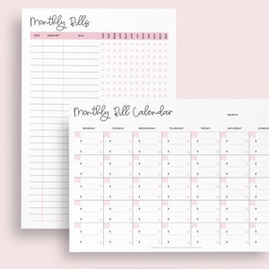 May include: A printable monthly bill tracker and calendar. The tracker has a list for due date, amount, and bill name. The calendar has a grid for each day of the month with space to write in bills due.