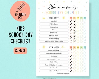 May include: A printable checklist for kids to use for their school day. The checklist is divided into "Before School" and "After School" sections. Each section has a list of tasks with checkboxes for each day of the week. The checklist is decorated with colorful suns, moons, and confetti.