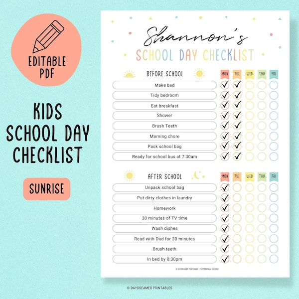 Kids Ready for School Daily Checklist Printable, School Day Routine for Kids, Morning and Bedtime Routine for Kids, Responsibility Checklist