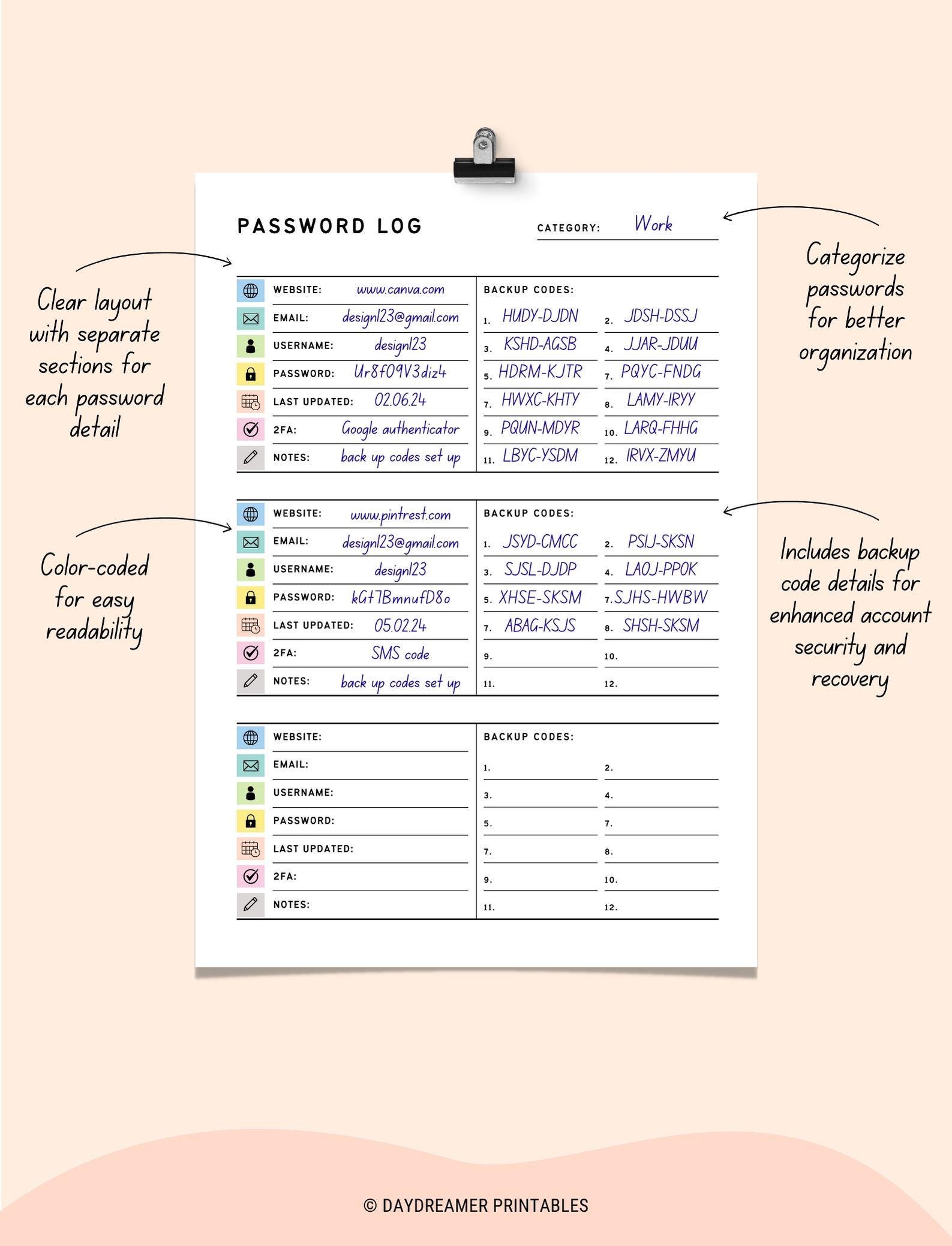 Password Log Printable, Password Tracker With 2FA and Backup Codes ...