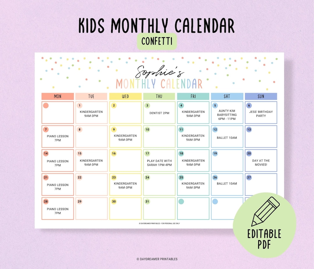Editable Kids Calendar Printable, Toddler Monthly Chart, Kids Daily Calendar,  Family Calendar Template, Kids Activity Schedule, Editable PDF - Etsy
