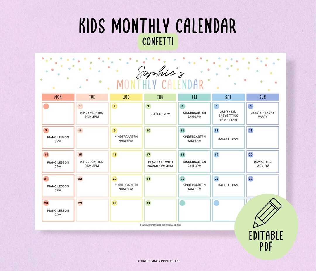 Editable Kids Calendar Printable, Toddler Monthly Chart, Kids Daily Calendar, Family Calendar Template, Kids Activity Schedule, Editable PDF - Etsy