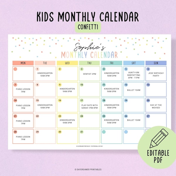 Editable Kids Calendar Printable, Toddler Monthly Chart, Kids Daily Calendar, Family Calendar Template, Kids Activity Schedule, Editable PDF