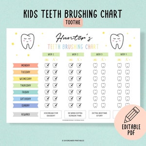 Tableau visuel du brossage des dents quotidien des enfants avec récompense | Suivi mensuel des habitudes de nettoyage des dents avec incitation pour les enfants | PDF imprimable