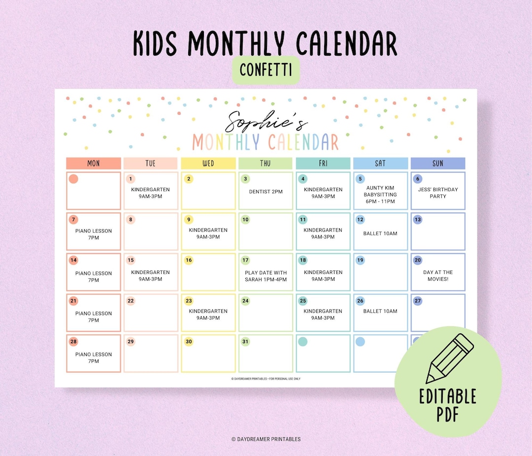 Editable Kids Calendar Printable, Toddler Monthly Chart, Kids Daily ...