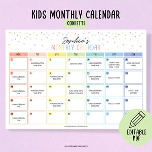 Bewerkbare kinderkalender afdrukbaar, maandgrafiek peuter, dagkalender kinderen, gezinskalendersjabloon, activiteitenschema voor kinderen, bewerkbare pdf