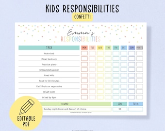 Afdrukbare verantwoordelijkheidstabel voor kinderen, verantwoordelijkheidstabel voor kinderen, bewerkbare afdrukbare klusjes voor kinderen, beloningsschema voor kinderen, bewerkbare pdf