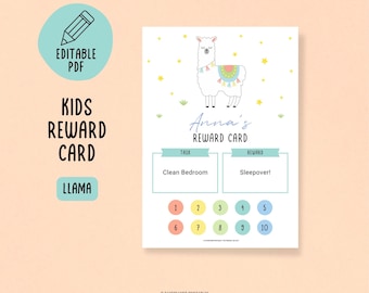 Kids Reward Card, Editable Reward Chart for Kids, Responsibility Chart, Printable Reward Template, Llama Chore Chart, Rainbow Chore Chart