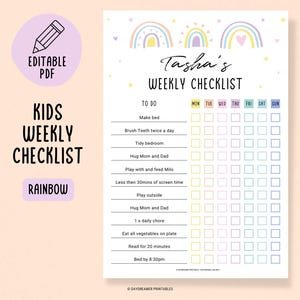 Lista de verificación de rutina semanal editable para niños, cuadro de comportamiento para niños, rutina escolar, cronograma visual para niños, plantilla de actividad de educación en el hogar