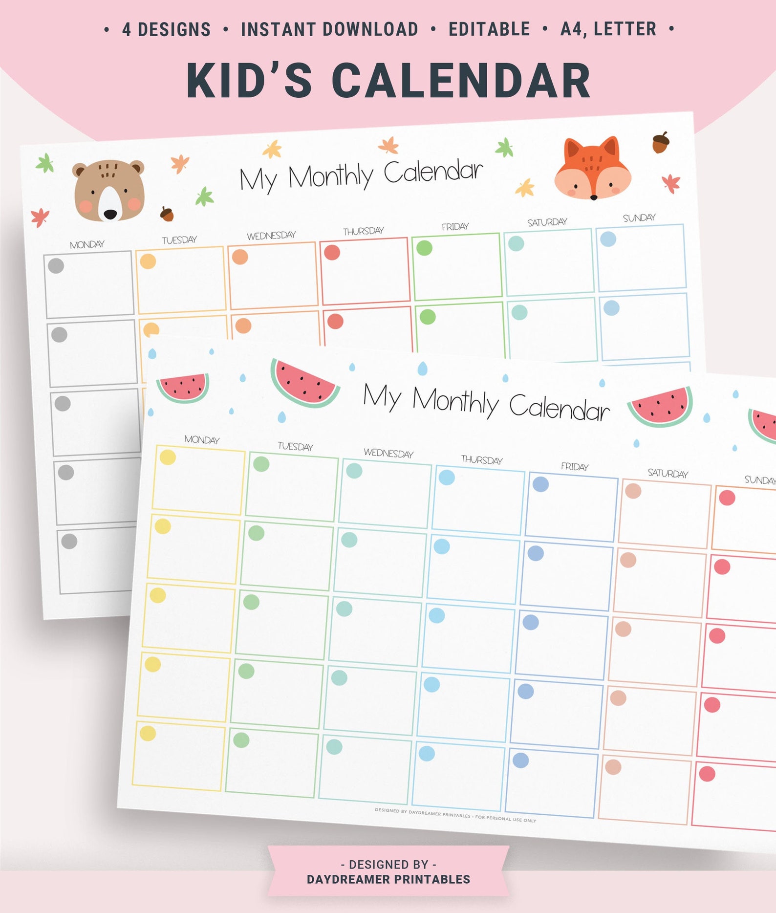 Editable Kids Calendar Printable Toddler Monthly Chart Kids | Etsy