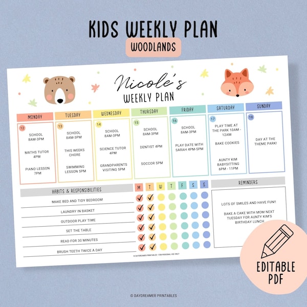 Kinder Wochenplaner druckbar, Kinder Aktivitätszeitplan Vorlage, niedlichen Woodlands Kleinkind Routine Chart, Kindergarten Kalender bearbeitbar