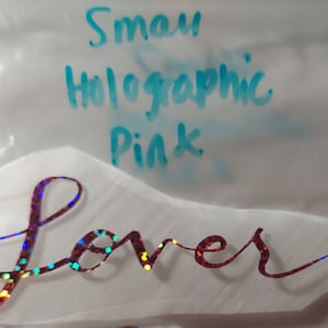 Holographic PINK &quot;Lover&quot; Iron On Transfer T-Shirt Jacket Hat Small Size