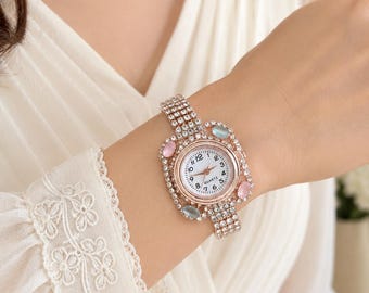 Rose Gold Rhinestone Watch Bracelet for Women, Crystal Quartz Wrist Watch, Elegant Jewelry Watch, Gift for Her, wedding watch, anniversary.