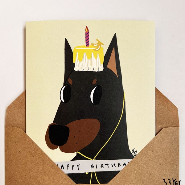 Doberman Happy Birthday 019 Dearest My Friend Cute Dog Illustrated Card Blank