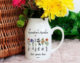Mini vase à fleurs personnalisé jardin de grand-mère, mois de naissance famille de fleurs Mini vase à fleurs personnalisé 15 oz, cadeau fête des mères pour maman et grand-mère