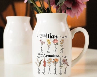 Personalized Grandma's Garden Mini Flower Vase, Birth Month Flower Family Customized Mini Flower Vase 15oz, Mothers Day Gift for Mom Nana