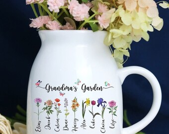 Personalisierte Omas Garten Mini Blumenvase, Geburtsmonat Blumenfamilie Maßgeschneiderte Mini Blumenvase 15 Unzen, Muttertagsgeschenk für Mama Nana