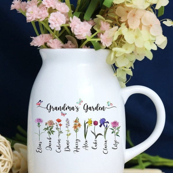 Personalized Grandma's Garden Mini Flower Vase, Birth Month Flower Family Customized Mini Flower Vase 15oz, Mothers Day Gift for Mom Nana