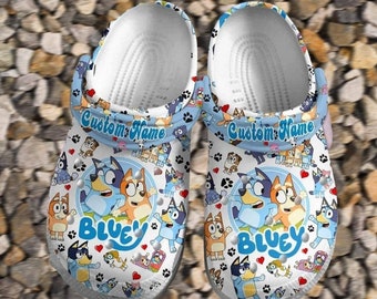 Sabots personnalisés pour anniversaire de famille Bluey, sabots pour hommes, femmes et enfants, sabots rigolos Crocs, Crocband, famille de chiens de dessin animé