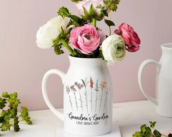 Personalisierte Omas Garten Mini Blumenvase, Geburtsmonat Blumenfamilie Maßgeschneiderte Mini Blumenvase 15 Unzen, Muttertagsgeschenk für Mama Nana