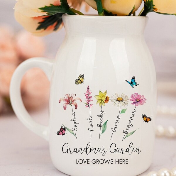 Grandma Gift,Custom Grandmas Garden Flower Vase, Grandma Flower Vase, Birthflower Vase, Custom Grandkid Name Flower Vase, Mothers Day Gift,