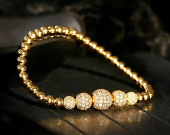 Classic Gold Color Ball Copper Beaded Bracelet For Men Luxury White CZ Handmade Bracelet Women Jewelry