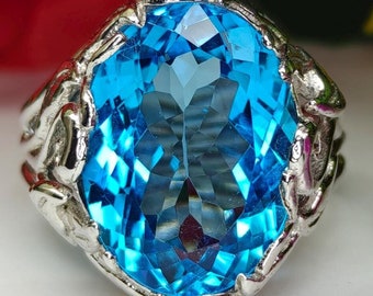 天然スイスブルー トパーズ ハロー リング、10 x 14 mm オーバル