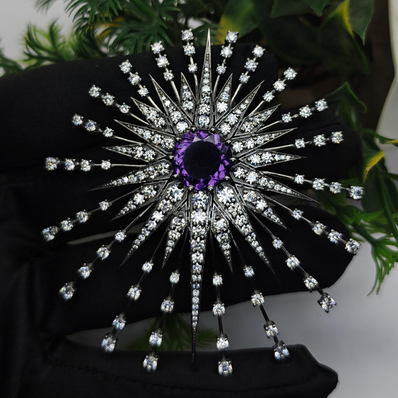 Natural Amethyst Starburst Brooch, 925 Sterling Silver Black Rhodium…