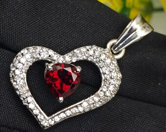 Handcrafted Garnet Heart Necklace, Natural 6mm Red Garnet, Sparkling CZ Accent, Solid Sterling Silver Pendant, Birthstone Jewellery For Her.