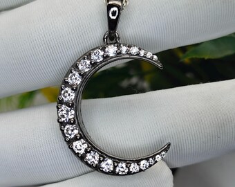 Svart rodiummånehalsband med CZ i 925 massivt sterlingsilver | Celestial Crescent-smycken med tunn kedja.