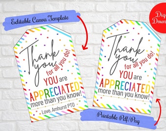Thank You Gift Tags, Teacher BusDriver Nurse Staff Employee Appreciation  Week, thank you for all you do , School pto pta Editable Template